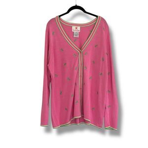 Quacker Factory Cardigan Size MED Pink Green Grasshoppers Long Sleeve Silk Blend